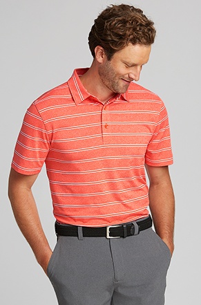 Man wearing Cutter and Buck Men's Forge Heather Stripe Polo