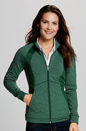 Woman wearing Cutter & Buck Shoreline Colorblock Overknit Jacket