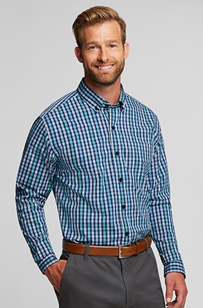Man wearing Cutter & Buck Men's Anchor Double Check Shirt