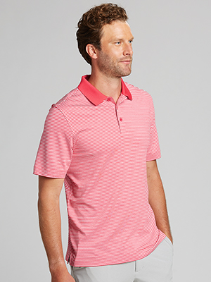 Man wearing a Cardinal Red Cutter & Buck Forge Tonal Stripe Stretch Mens Big and Tall Polo
