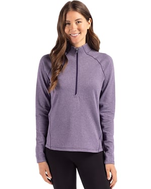 Woman wearing Cutter & Buck Peshastin Eco Fleece Recycled Womens Half Zip Pullover in College Purple Heather