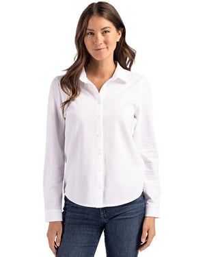 Cutter & Buck Advantage Tri-Blend Eco Soft Pique Long Sleeve Knitted Womens Button Down in white