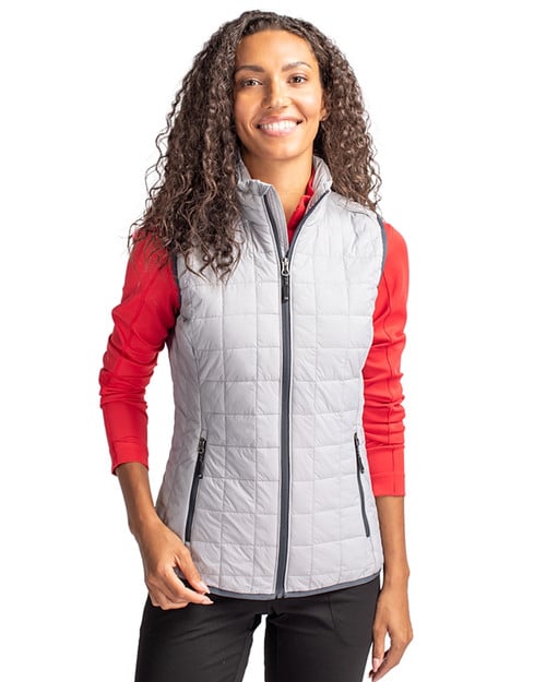 Woman wearing Cutter & Buck Rainier PrimaLoft® Womens Eco Insulated Full Zip Puffer Vest