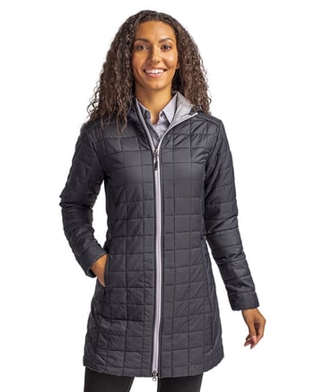 Woman wearing Cutter & Buck Rainier PrimaLoft® Womens Eco Insulated Hooded Long Coat