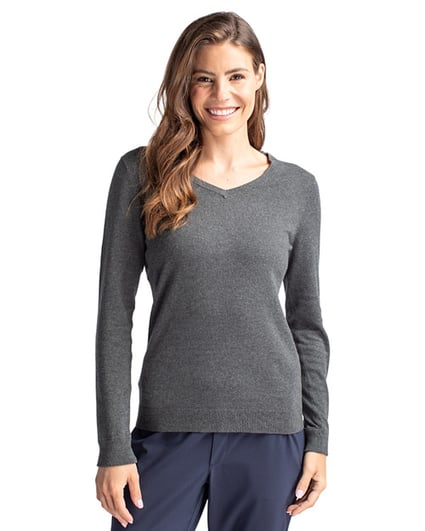 woman wearing grey vneck sweater