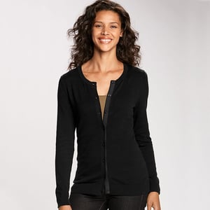 Woman wearing a black Cutter & Buck Womens Lakemont Cardigan Sweater