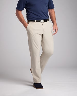 Man wearing Cutter & Buck Bainbridge Flat Front Pants in Castle or Khaki