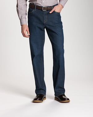 Man wearing Cutter & Buck Greenwood Stretch Denim in Venice or Dark denim