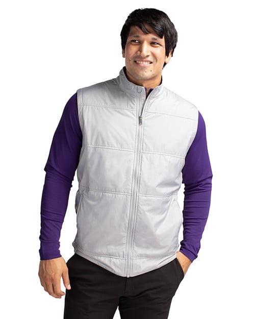 Man wearing Cutter & Buck Stealth Hybrid Quilted Mens Big and Tall Windbreaker Vest