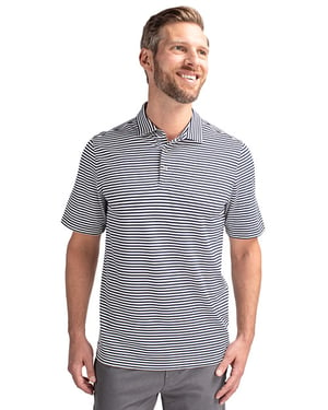 Man wearing a polished grayCutter & Buck Virtue Eco Pique Stripe Recycled Mens Polo