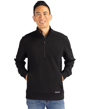 Man wearing Cutter & Buck Roam Eco Recycled Quarter Zip Mens Pullover in Black