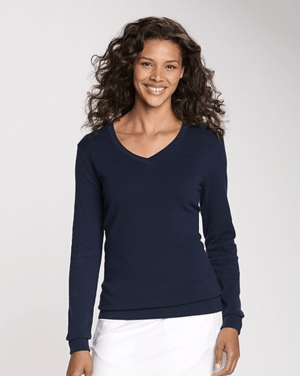 Woman Wearing Cutter & Buck Lakemont Tri-Blend V-Neck Pullover Sweater