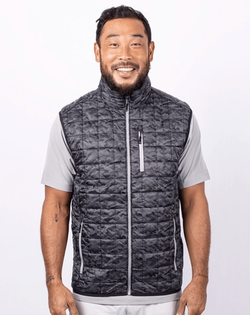 Man Wearing Cutter & Buck Rainier PrimaLoft Eco Insulated Full Zip Printed Puffer Vest