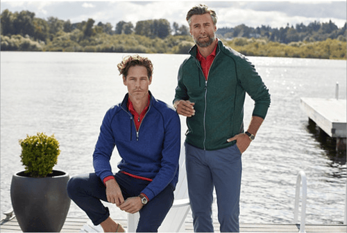 Two men on a dock wearing Cutter & Buck Mainsail Sweater-Knit Mens Full Zip Jacket