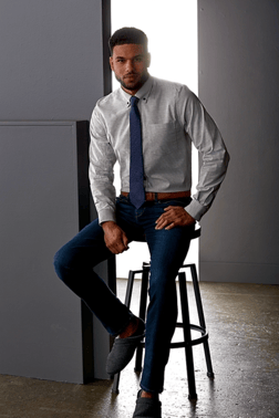 Man Wearing Tailored Fit Stretch Oxford Stripe