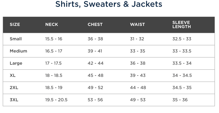 Men's Shirt, Sweaters, Jackets Sizing Chart