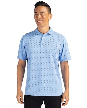 Man wearing a light blue Cutter & Buck Virtue Eco Pique Tile Print Recycled Mens Big & Tall Polo
