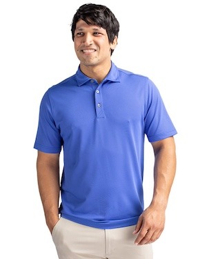 Man wearing Chelan Blue Cutter & Buck Virtue Eco Pique Recycled Mens Polo