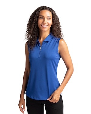 Woman wearing a Tour Blue Cutter & Buck Forge Stretch Womens Sleeveless Polo
