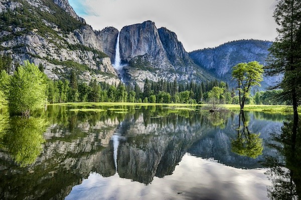 Yosemite National Park lake and waterfall view